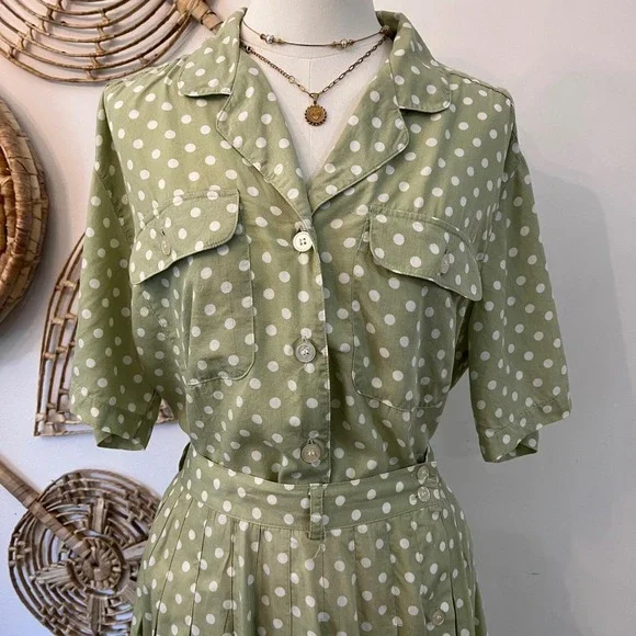 Vintage Rayon Skirt Set Polka Dot Sage Midi Tea Dress Cottagecore 12 - Picture 9 of 10